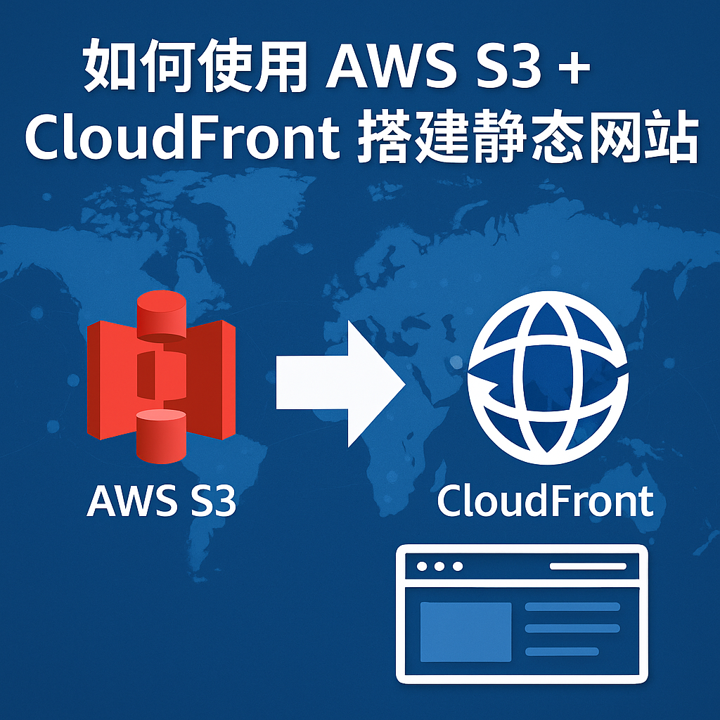 蓝色科技风插画展示 AWS S3 与 CloudFront 架构，全球地图背景展示 CDN 分发节点与网站访问流程。