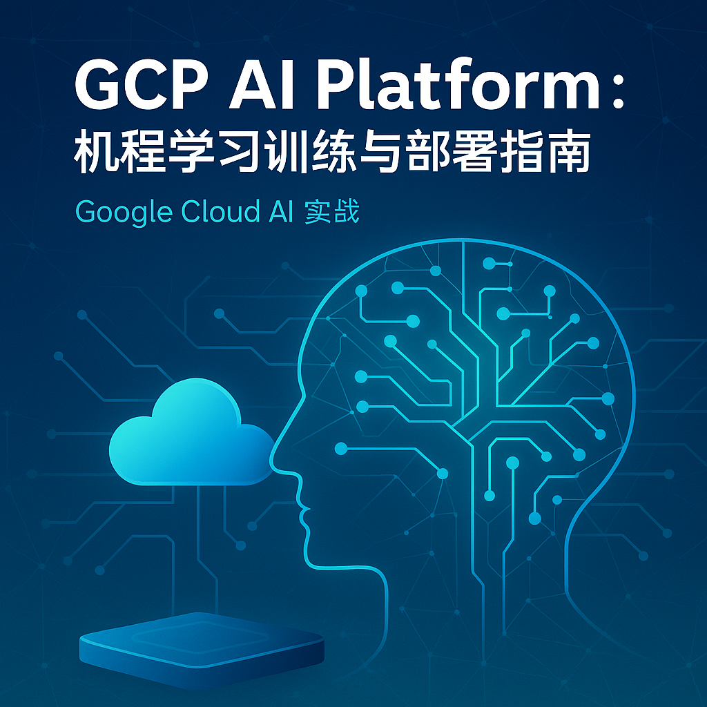 GCP AI Platform 封面图,展示云端机器学习训练与部署流程,包含AI神经网络与云计算元素