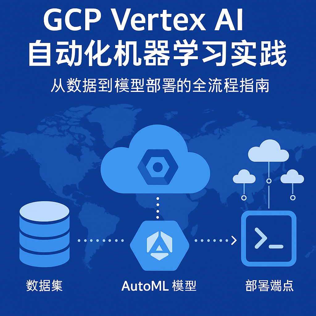 GCP Vertex AI 自动化机器学习实践封面图,展示数据集、AutoML 模型与部署端点流程图,背景为全球地图。