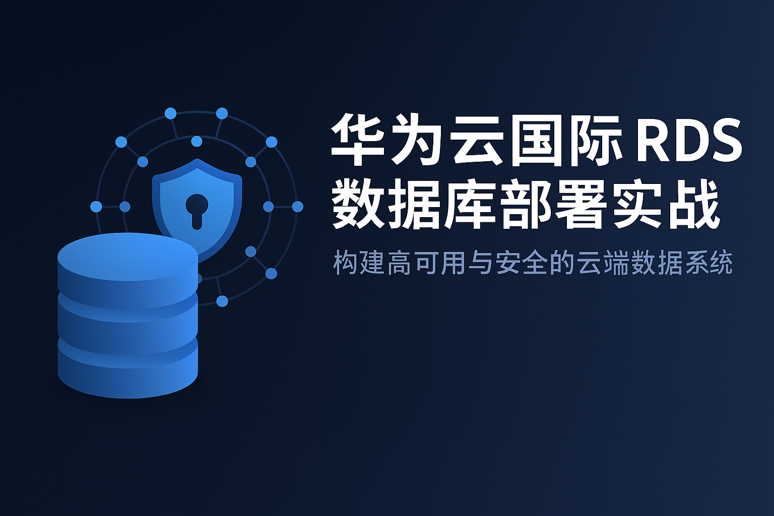 深色科技风封面图展示华为云国际 RDS 数据库部署架构，包含数据库、服务器节点、安全盾牌与全球数据同步场景，体现企业级高可用与云安全