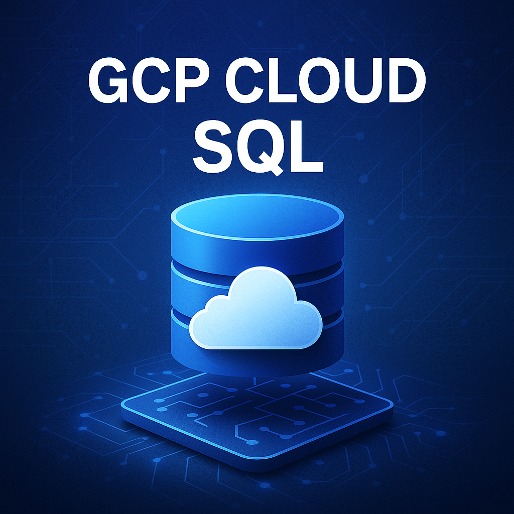 GCP Cloud SQL 数据库部署与管理封面图,展示云数据库与蓝色科技网络背景
