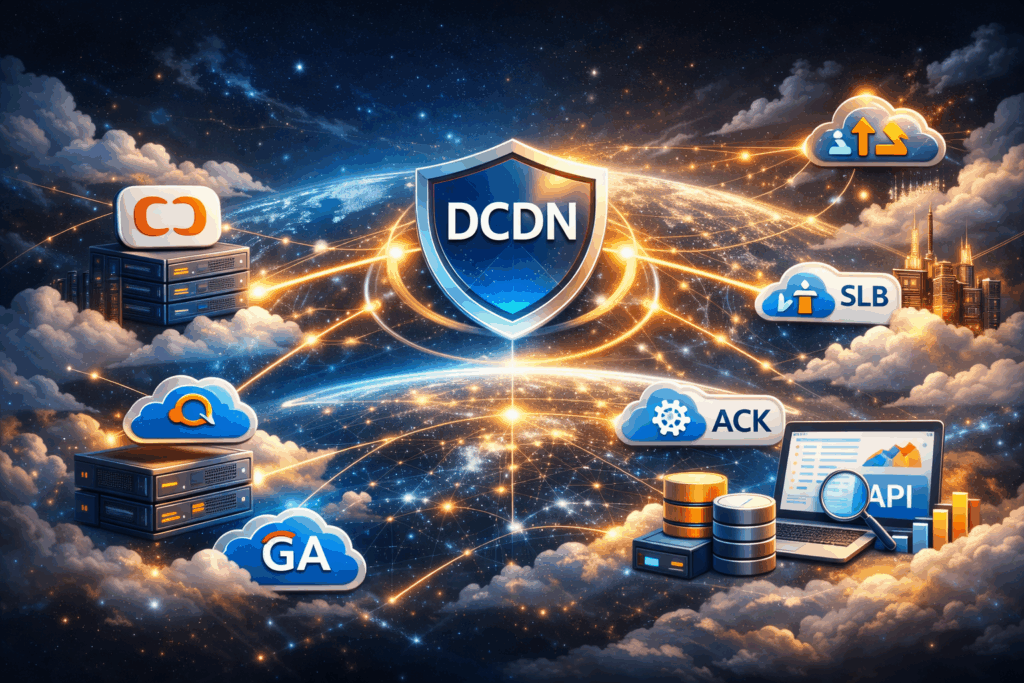阿里云国际全站加速 DCDN 全球优化方案封面图,展示 Aliyun DCDN 全球节点分布、动态内容加速与跨境访问优化架构