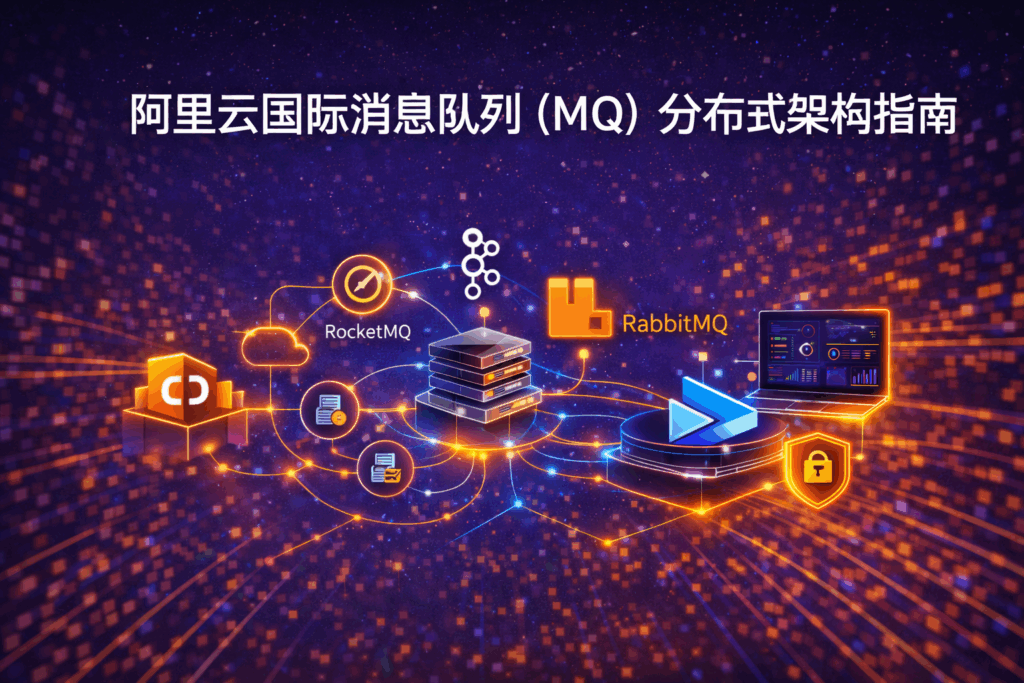 阿里云国际消息队列 MQ 分布式架构封面图，展示 Alibaba Cloud 消息队列在企业级分布式系统中的异步解耦与高并发处理架构