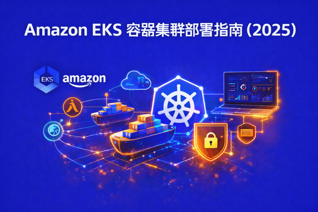 Amazon EKS 容器集群部署指南封面图，展示企业在 2025 年使用 Amazon EKS 构建 Kubernetes 容器集群的部署与运维场景