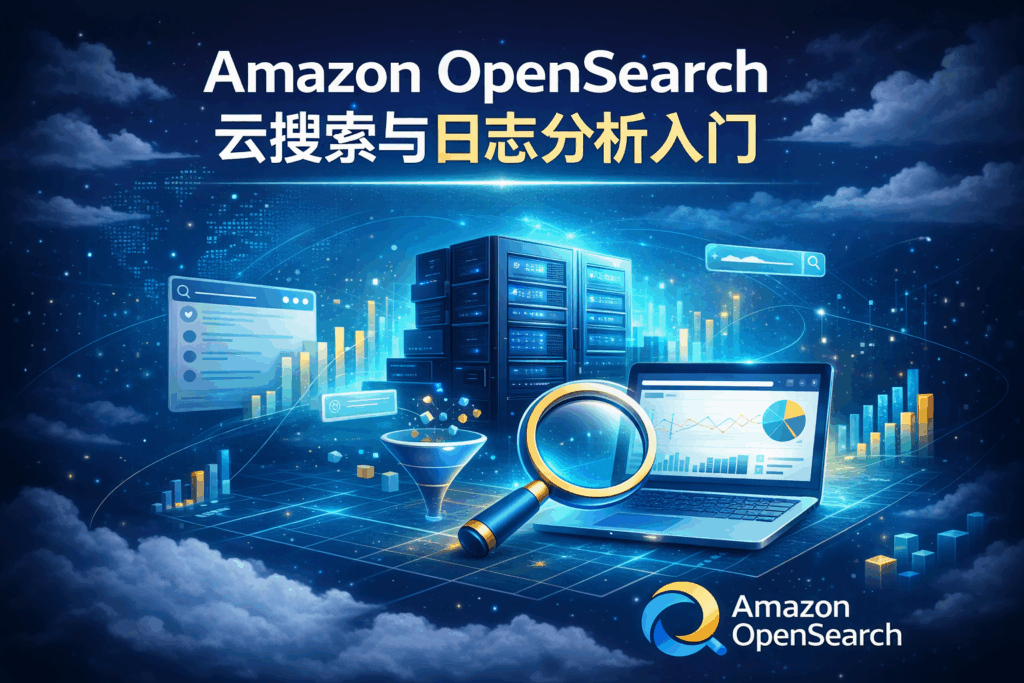 Amazon OpenSearch 云搜索与日志分析入门封面图，展示 AWS OpenSearch 搜索引擎、日志分析架构与数据可视化场景