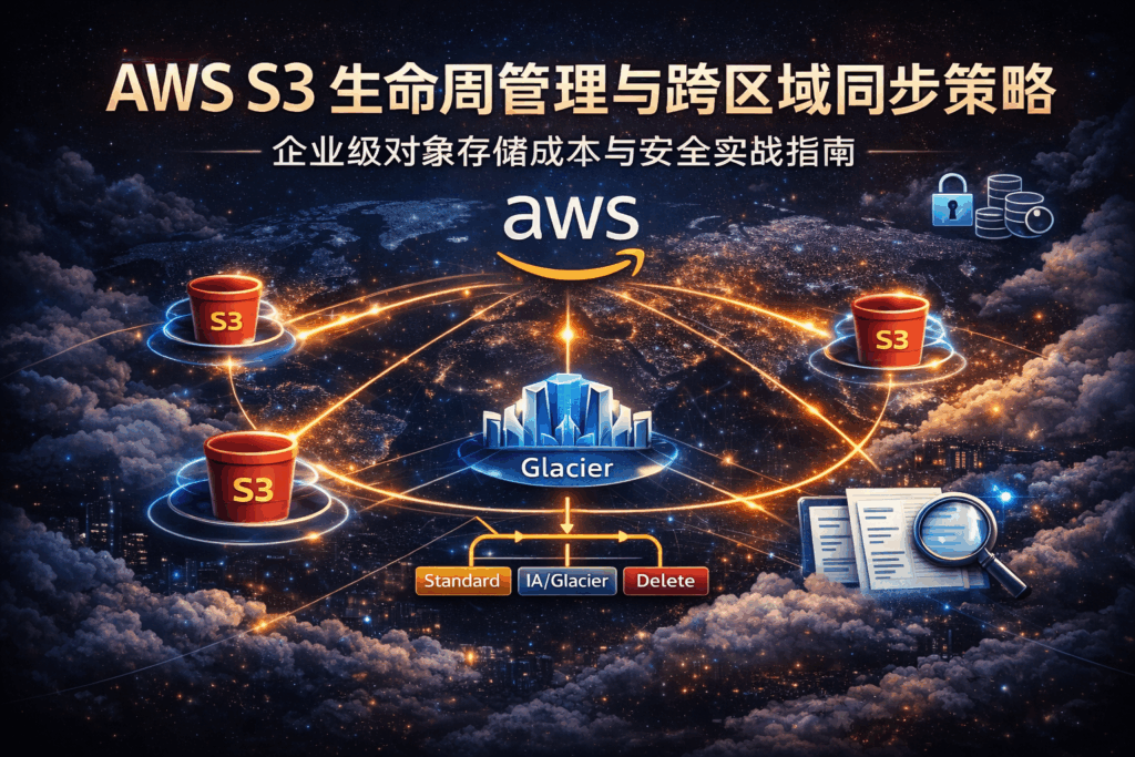 AWS S3 生命周期管理与跨区域同步策略封面图,展示 S3 存储分层、生命周期规则与跨区域复制(CRR)架构,封面图中包含完整文章标题文字