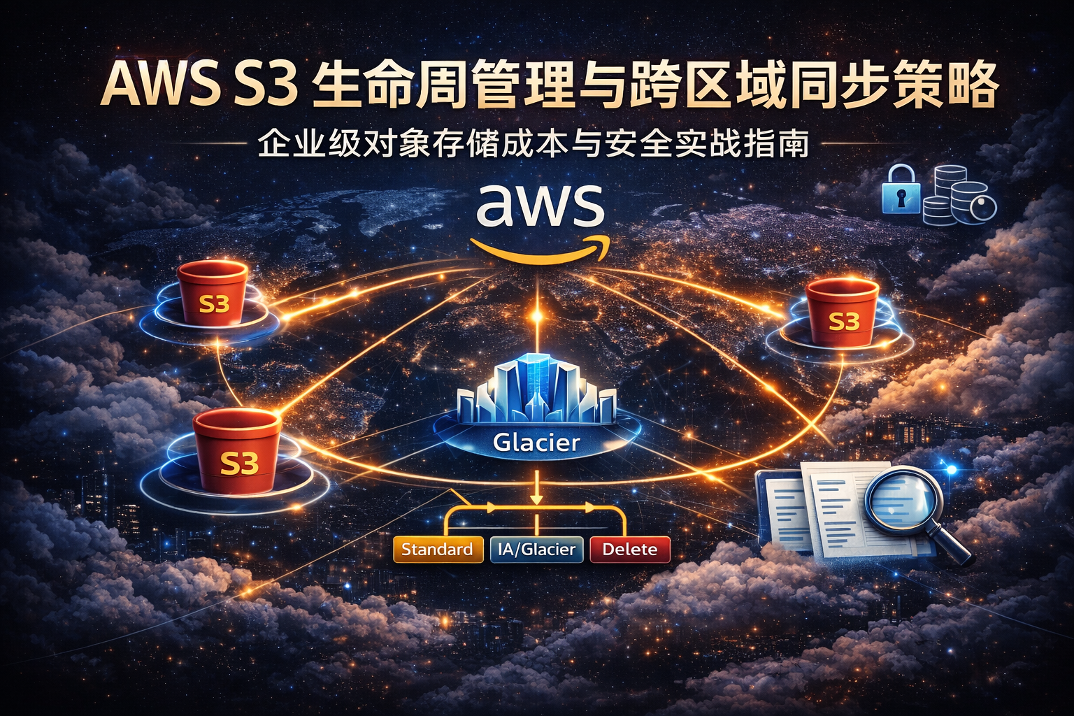 AWS S3 生命周期管理与跨区域同步策略封面图,展示 S3 存储分层、生命周期规则与跨区域复制(CRR)架构,封面图中包含完整文章标题文字
