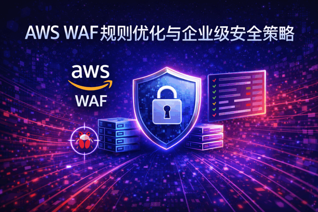 AWS WAF 规则优化与企业级安全策略封面图,展示 AWS Web 应用防火墙在企业级 Web 安全防护、攻击拦截与规则治理场景中的应用