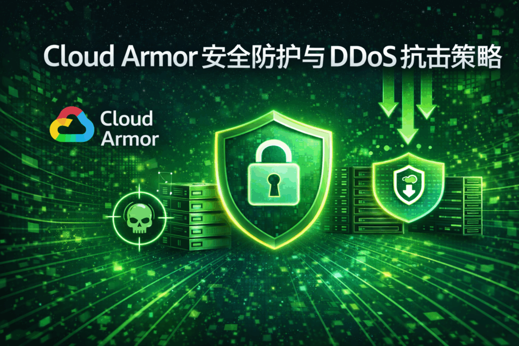 Cloud Armor 安全防护与 DDoS 抗击策略封面图，展示 Google Cloud Cloud Armor 在全球边缘层进行 DDoS 防护与 Web 安全拦截的应用场景