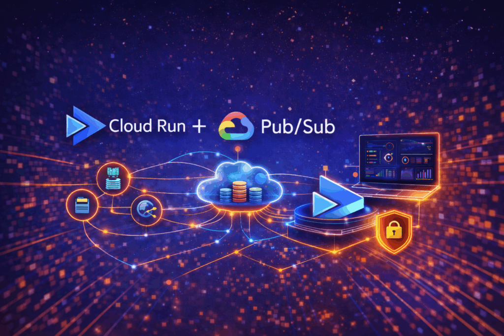 GCP Cloud Run 与 Pub/Sub 构建事件驱动架构示意图，展示基于 Serverless 的异步事件处理与云原生服务解耦模式