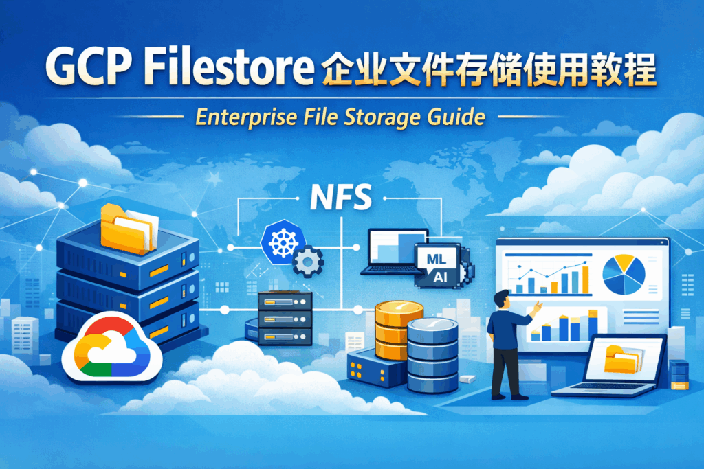 GCP Filestore 企业文件存储使用教程封面图，展示 Google Cloud Filestore 共享文件系统、NFS 架构与企业级文件存储应用场景