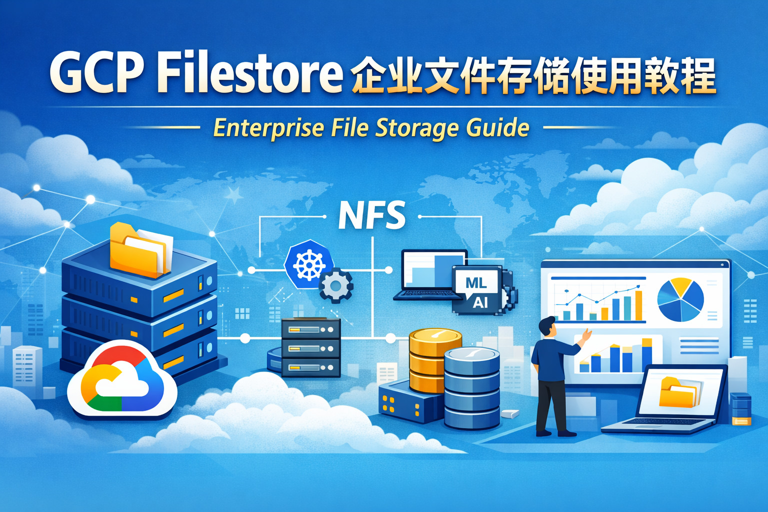 GCP Filestore 企业文件存储使用教程封面图,展示 Google Cloud Filestore 共享文件系统、NFS 架构与企业级文件存储应用场景