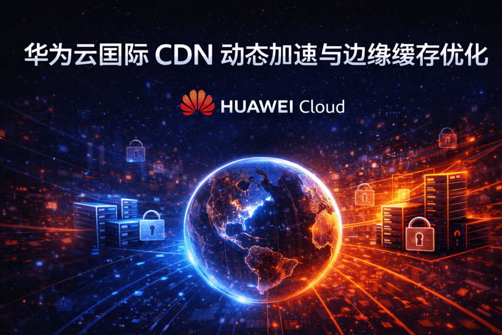 华为云国际 CDN 动态加速与边缘缓存优化封面图，展示 Huawei Cloud CDN 在全球内容分发、动态请求加速与边缘缓存优化场景下的深色科技视觉主题