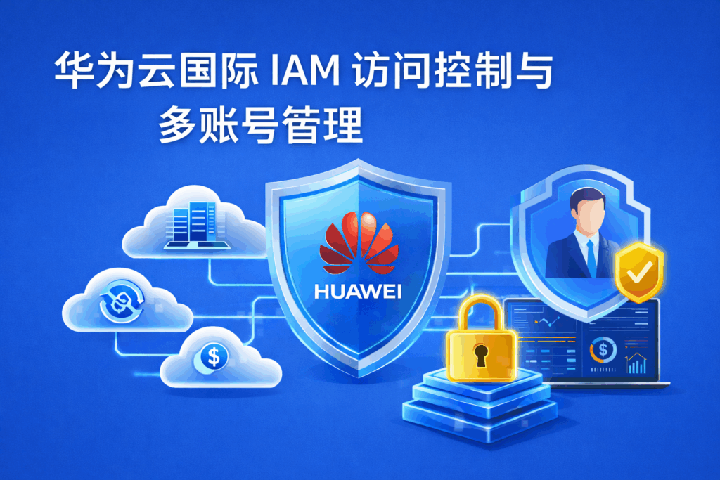 华为云国际 IAM 访问控制与多账号管理封面图,展示企业在华为云国际环境中进行身份权限控制与多账号治理的安全管理场景