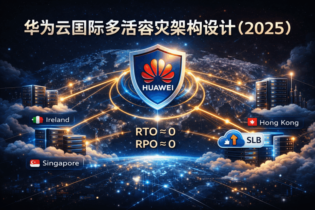 华为云国际多活容灾架构设计 2025 封面图,展示 Huawei Cloud 多区域多活部署、跨区域容灾与全球高可用架构的深色科技风示意
