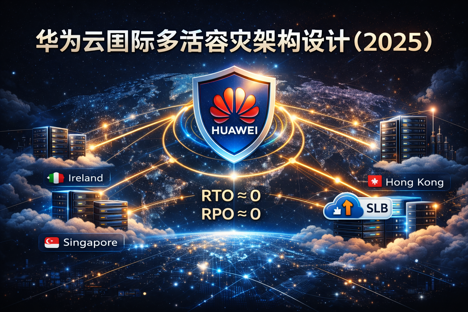 华为云国际多活容灾架构设计 2025 封面图,展示 Huawei Cloud 多区域多活部署、跨区域容灾与全球高可用架构的深色科技风示意