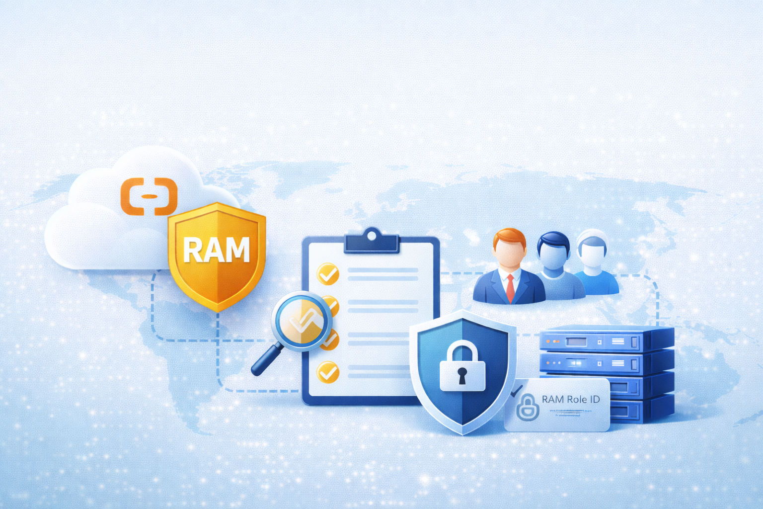 阿里云 RAM 权限管理封面图,展示企业在阿里云国际环境中进行身份管理、权限控制与账号安全治理的典型场景