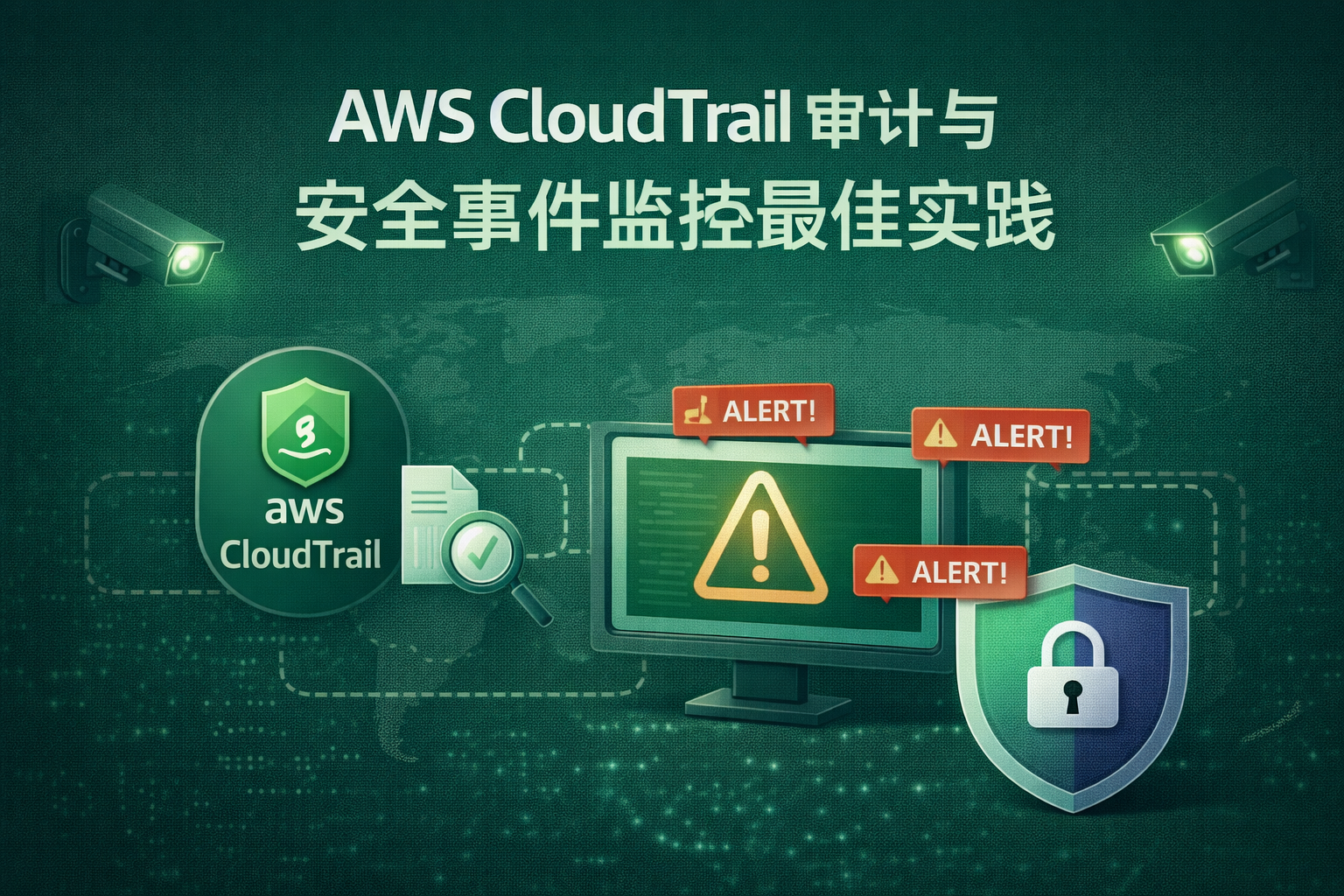 AWS CloudTrail 审计与安全事件监控封面图，展示通过 CloudTrail 记录 AWS 账号操作日志并用于安全审计与异常行为监控的企业级场景