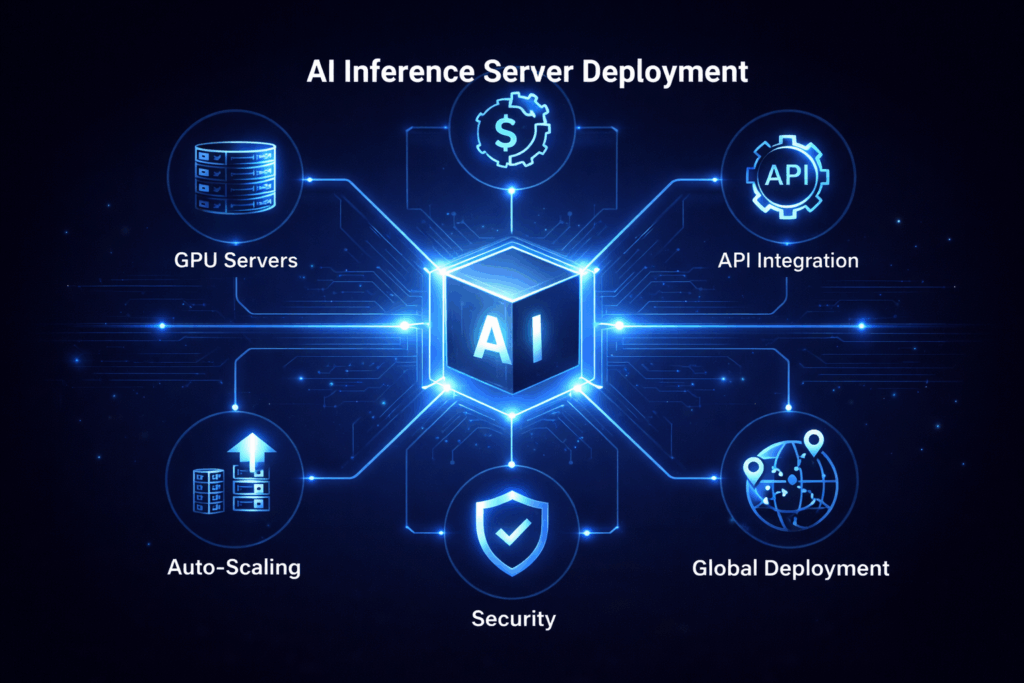 企业 AI 推理服务器部署架构图，包含 GPU 服务器、API 集成、自动扩容与全球部署设计