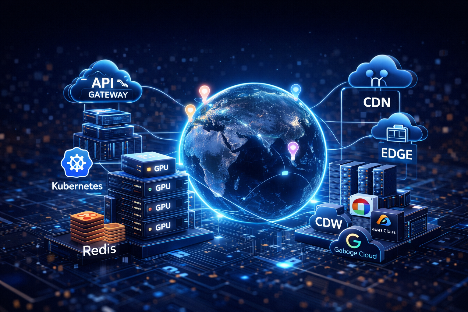 AI SaaS 平台基础设施架构图，包括 GPU 推理服务器、API Gateway、Kubernetes 集群与全球加速网络