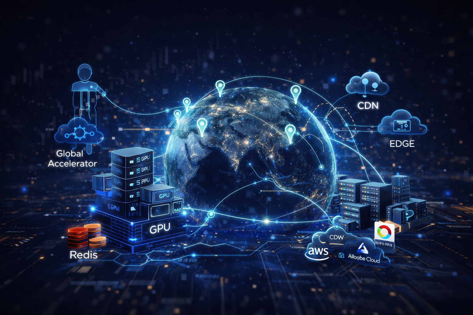 海外 AI 服务器延迟优化架构图，包含 GPU 推理、CDN 加速、Edge 边缘节点与全球部署方案