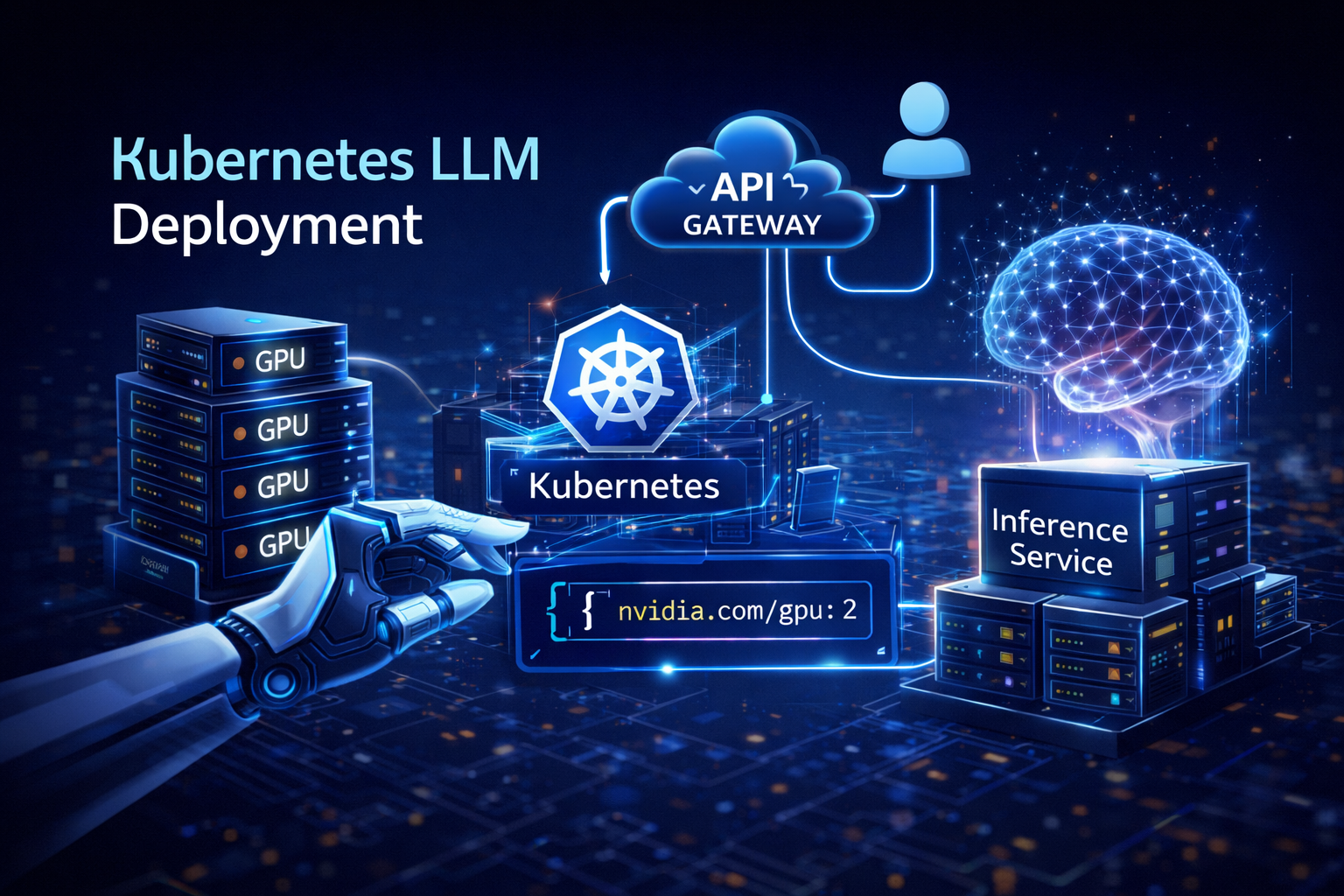 Kubernetes 部署大模型架构图,包含 GPU 节点、API Gateway 与 AI 推理服务流程